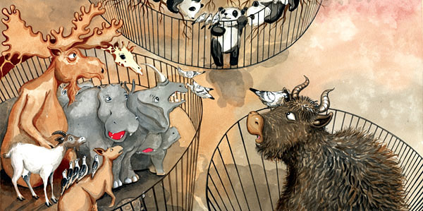 Zoo, watercolor painting by Rolandas Kiaulevicius Dabrukas, original illustration from children's book Zoolidays