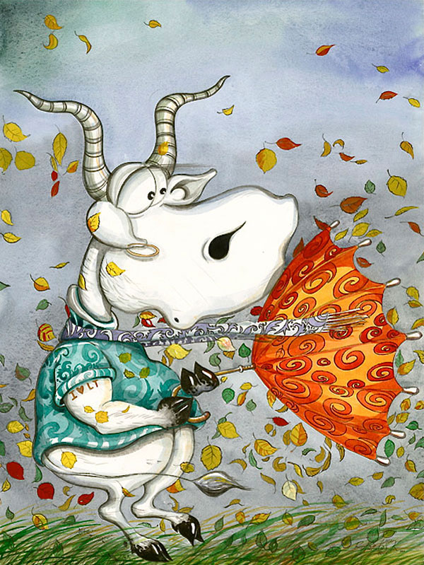 Funny, humorous, whimsical animal painting with a cow who is struggling with her umbrella and with strong wind while colorful leaves are dancing around the cow by Rolandas Kiaulevicius Dabrukas