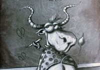 Funny, humorous, whimsical animal painting with a cow and funny quote by Rolandas Kiaulevicius Dabrukas